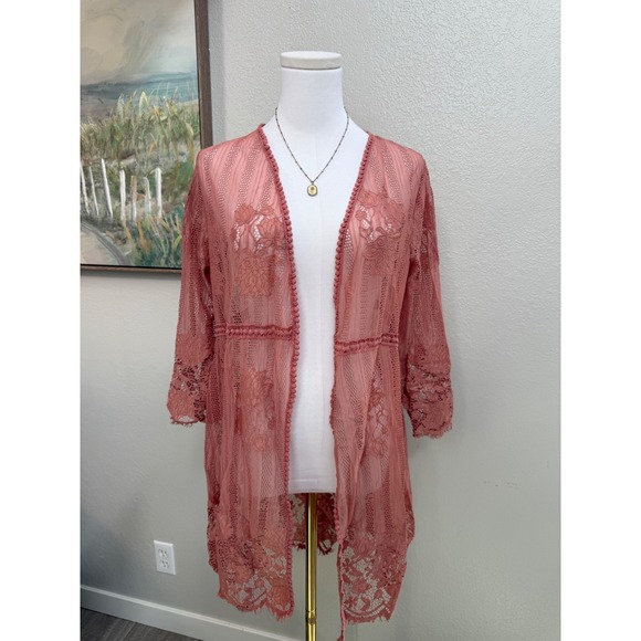 Miss Chievous Sweaters - Boho Lace Kimono Dusty Rose Crochet Duster Cardigan Festival Cover Up